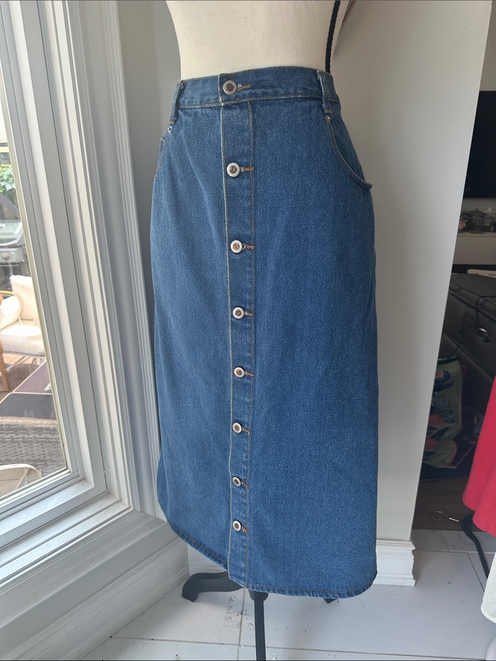 VINTAGE 90s Denim Jean Button-Front Midi Maxi Long Skirt Blue Classic Size 14